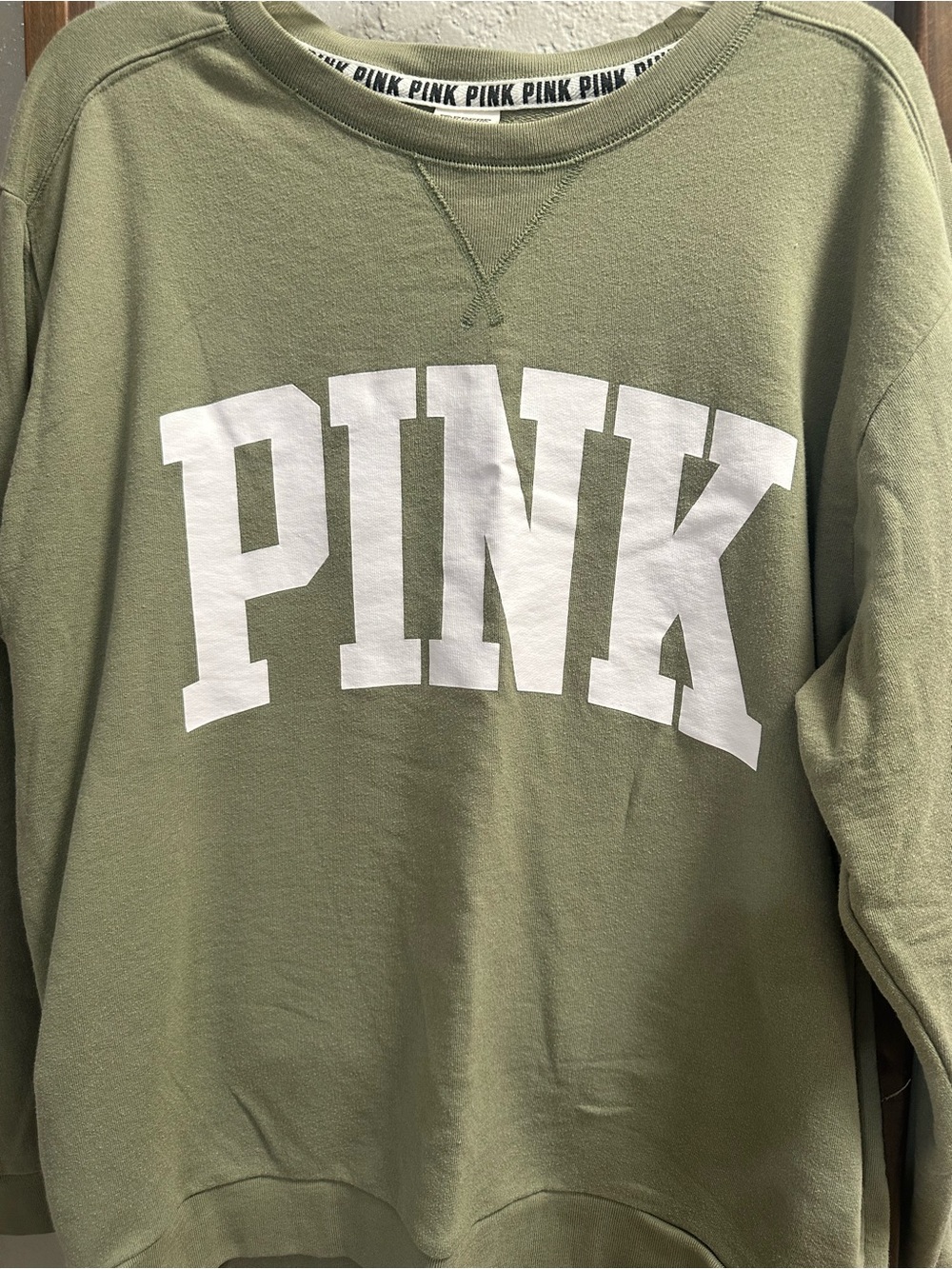 PINK Victoria's Secret Olive Green Crewneck with White Logo